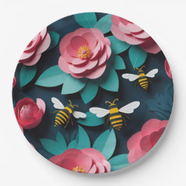 Papier geschnitten rosa Kamelien und Bienen Marine Pappteller