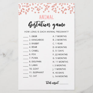 Papier Gestation animale avec réponses Baby shower Jeu