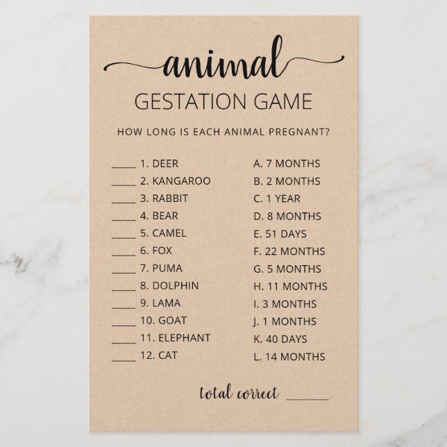 Papier Gestation animale avec réponses Baby shower Jeu (Devant)
