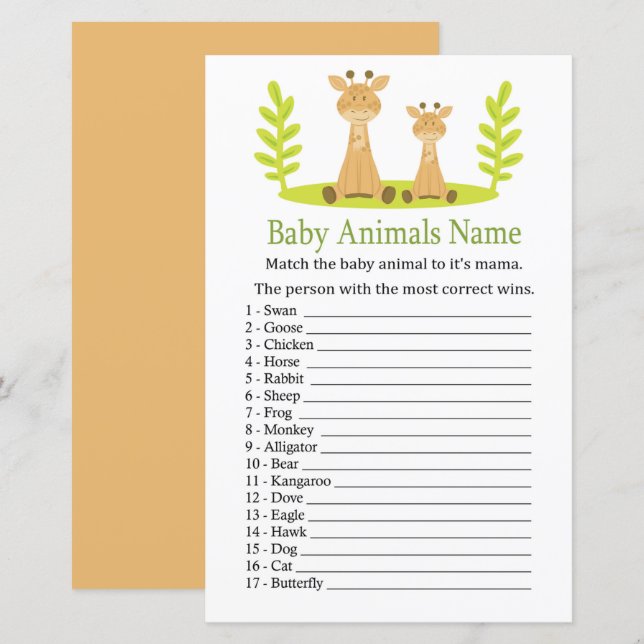 Papier Giraffe Baby Animaux Nom Jeu (Devant / Derrière)