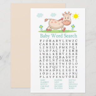 Papier Giraffe Baby shower Word Recherche Jeu