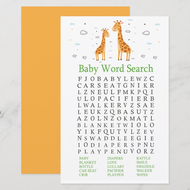 Papier Giraffe Baby shower Word Recherche Jeu (Devant / Derrière)