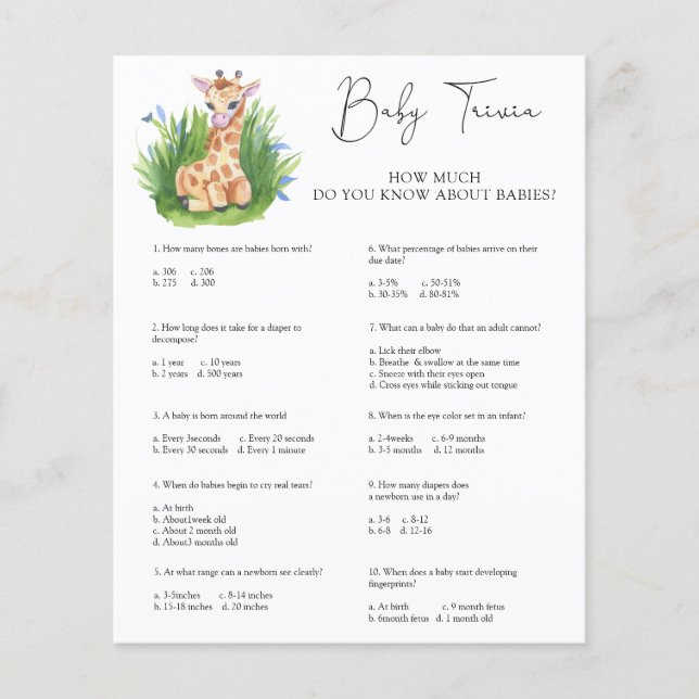 Papier Giraffe Baby Trivia | Jeu Baby shower (Devant)
