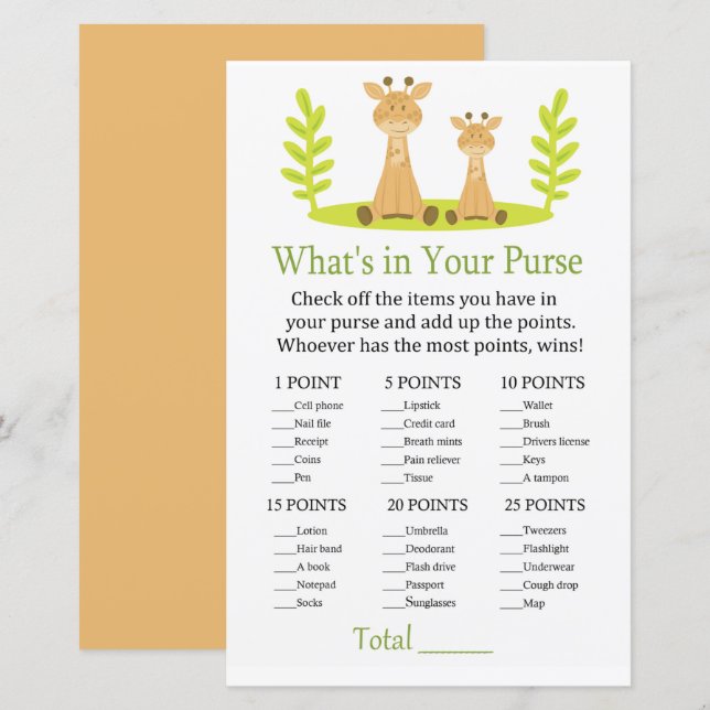 Papier Giraffe Ce qui est dans votre baby shower de jeu d (Devant / Derrière)