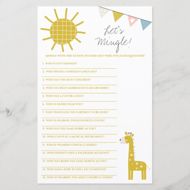 Papier Giraffe d'or Mingle ! Jeu baby shower (Devant)