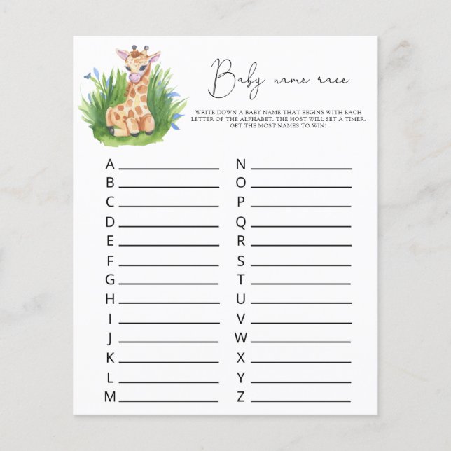 Papier Giraffe - Jeu de course de nom de bébé (Devant)