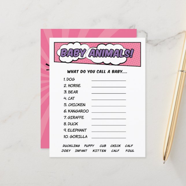 Papier Girly Superhero Comic Baby shower Animaux Jeu (Devant/Arrière en situation)