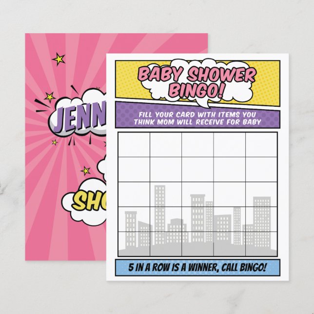 Papier Girly Superhero Comic Baby shower de livre Jeu (Devant / Derrière)