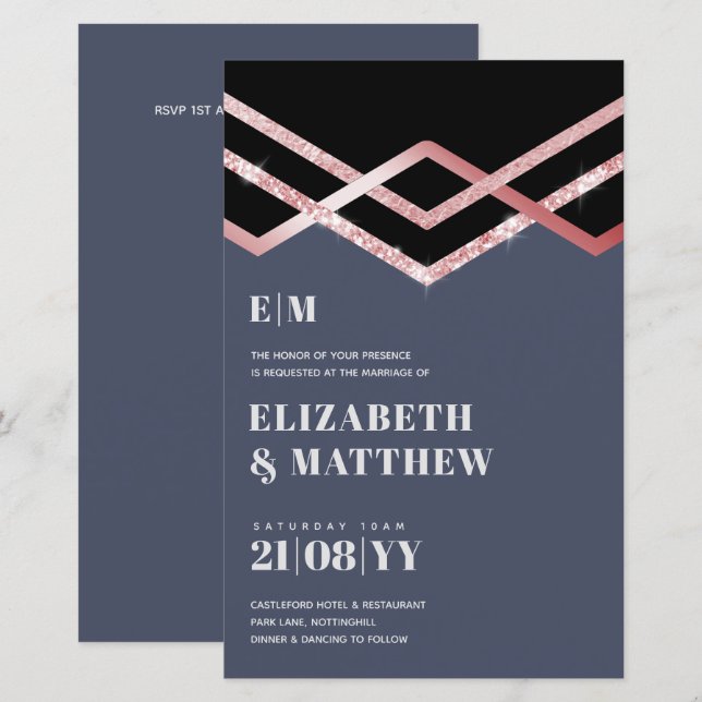 Papier Glam Parties scintillant Rosegold Black Deco Invit (Devant / Derrière)