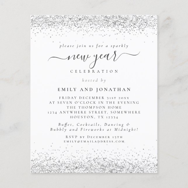 PAPIER | Glam Silver Glitzer Silvester Einladung (Vorne)