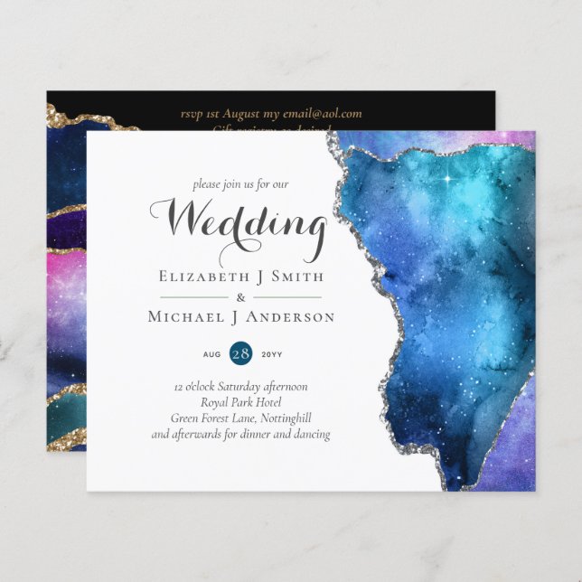 Papier Glamor Blue Gold Agate Wedding Inviter CHEAP (Devant / Derrière)