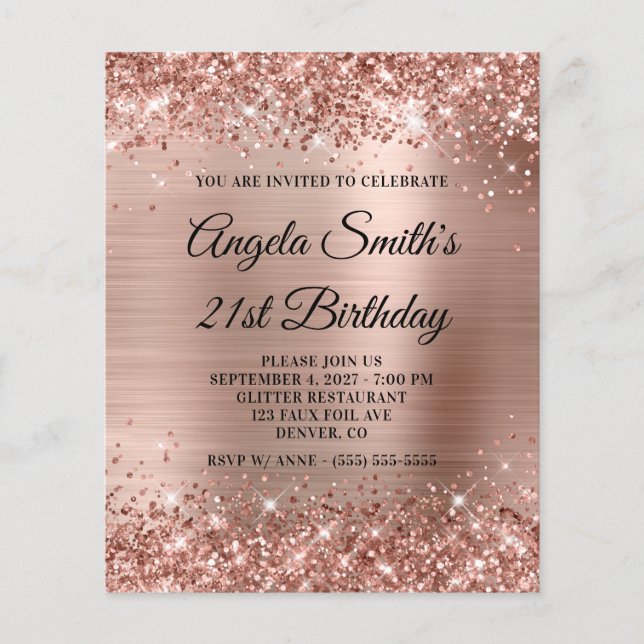 Papier Glittery Rose Gold Foil 21e anniversaire Invitatio (Devant)