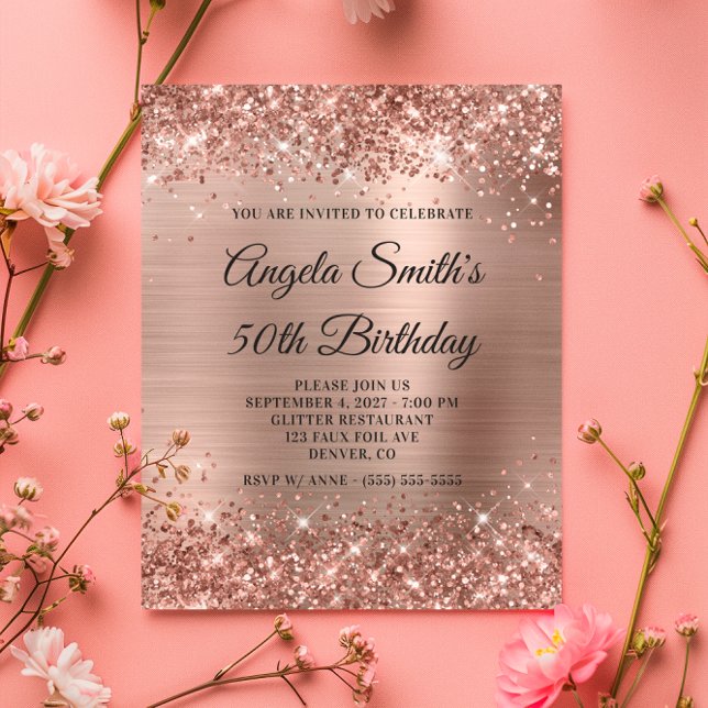 Papier Glittery Rose Gold Foil 50e anniversaire Invitatio (Glittery Rose Gold Foil 50th Birthday Invite)
