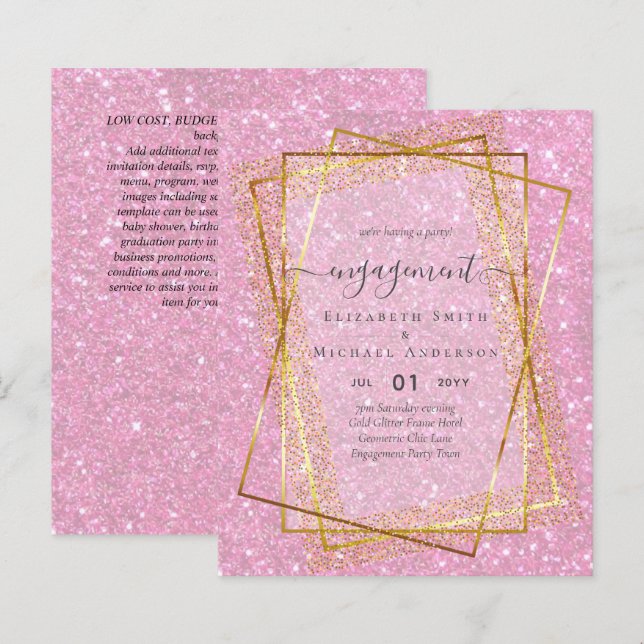Papier Glitzy Glam ENGAGEMENT Partie Invitations BUDGET (Devant / Derrière)