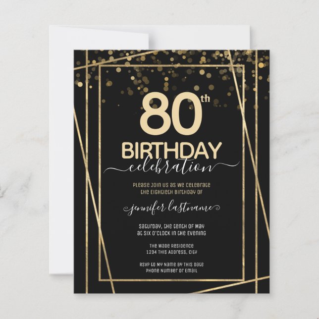 Papier Gold Black 80e Anniversaire de fête Invitation bud (Devant)