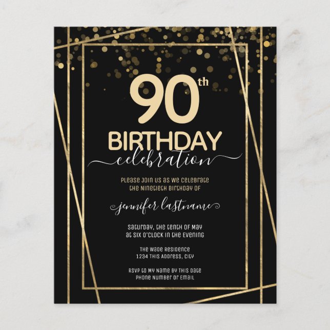 Papier Gold Black 90e Anniversaire de fête Invitation bud (Devant)
