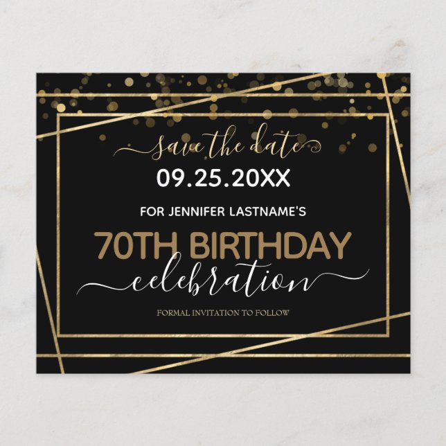 Papier Gold Border 70th Birthday Enregistrer la date Budg (Devant)