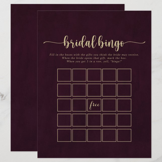 Papier Gold Burgundy Calligraphy Bride Bingo Jeu (Devant / Derrière)