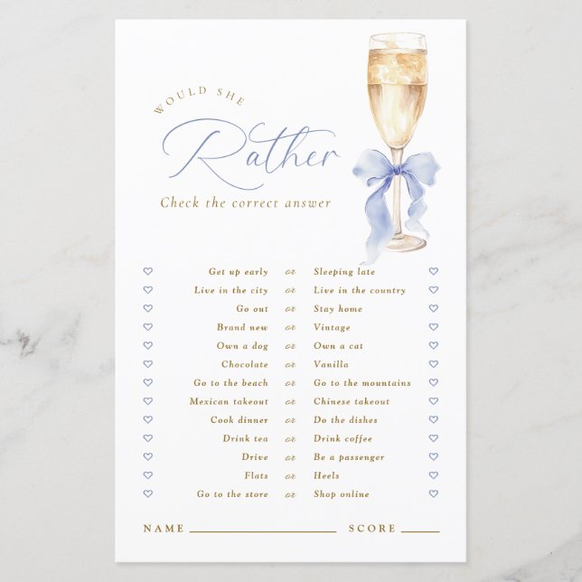 Papier Gold Champagne Blue Bow Would She Rather Game (Devant)