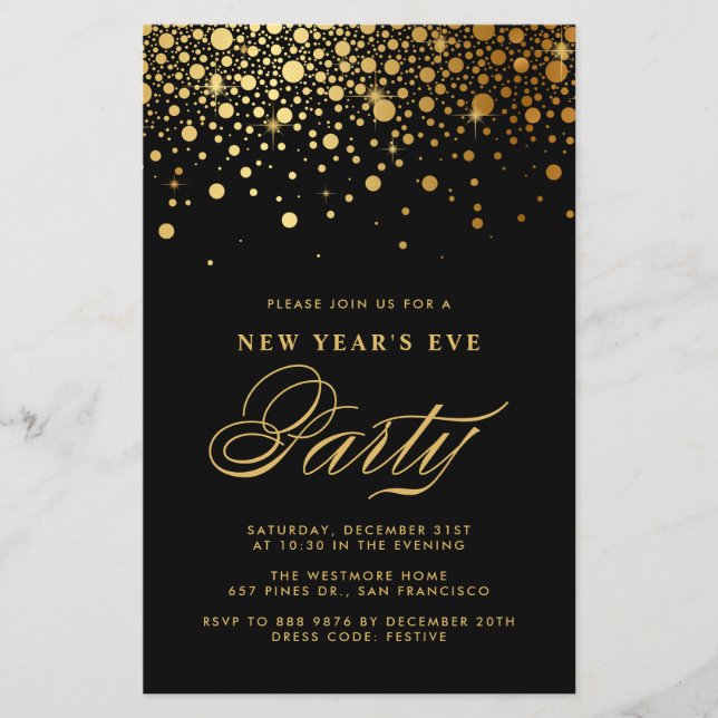 Papier Gold Confetti Invitation de réveillon du Nouvel An (Devant)