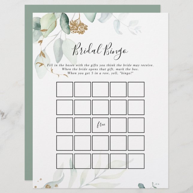 Papier Gold Eucalyptus Calligraphy Bride Bingo Jeu (Devant / Derrière)