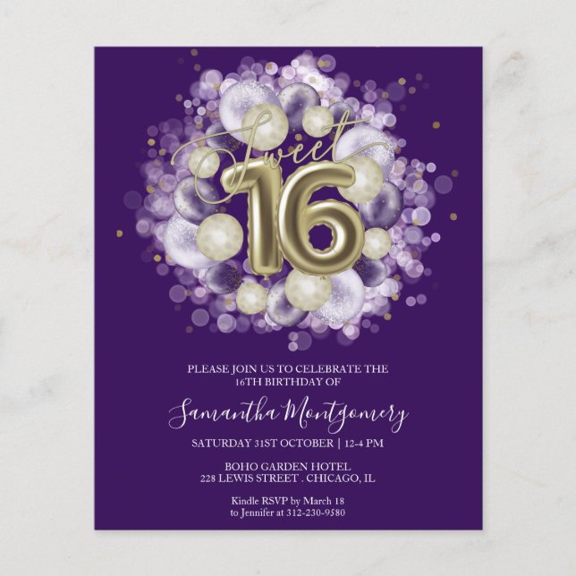 Papier Gold Foil Sweet 16 Ballons Anniversaires Invitatio (Devant)