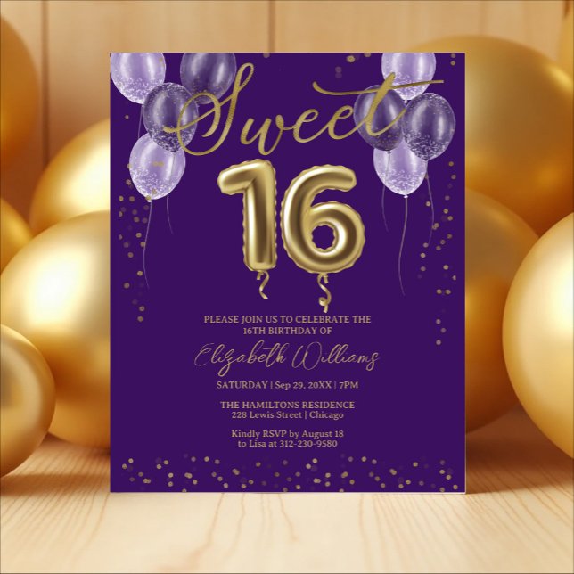 Papier Gold Foil Sweet 16 Ballons Invitations Budget (Créateur téléchargé)