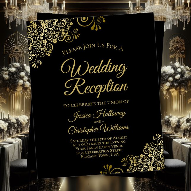 Papier Gold Frills BUDGET Black Wedding Invitation de réc (Front/Back)