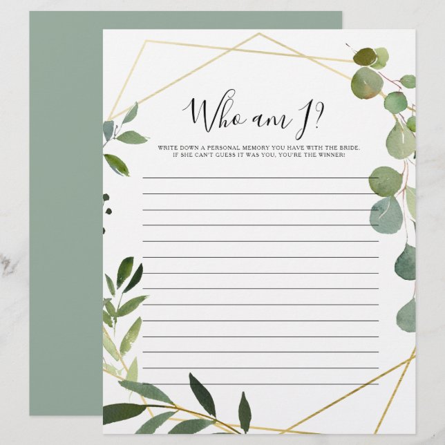 Papier Gold Géométrique Vert Qui suis je jeu de Fête des  (Devant / Derrière)