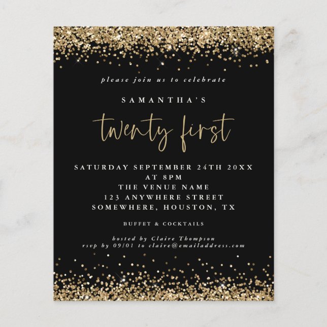 PAPIER | Gold Glitzer 21. Schwarze Party Einladung (Vorne)