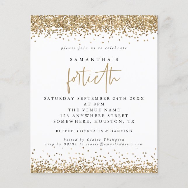 PAPIER | Gold Glitzer 40 Party Einladung (Vorne)