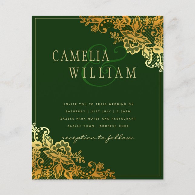 Papier Gold Lace Emerald Green Wedding Invitations Budget (Devant)