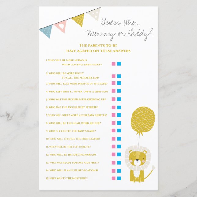 Papier Gold Lion Devinez Qui Maman / Papa Baby shower Jeu (Devant)
