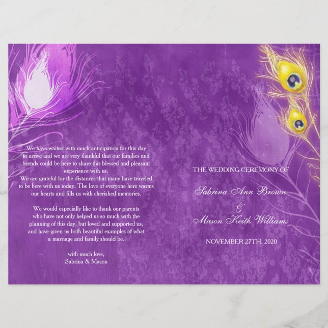 Papier Gold Peacock Feathers Purple Wedding Program (Devant)