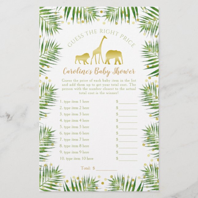 Papier Gold Safari Animaux Baby shower Devis Prix Jeu (Devant)