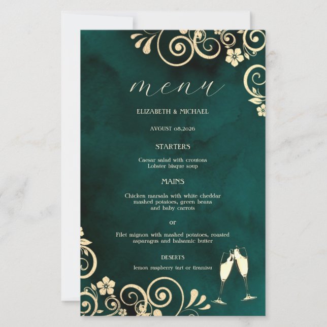 Papier Gold Swirls Emerald Green Wine Glass Wedding  (Devant)
