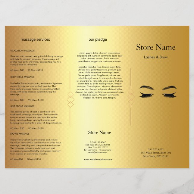 Papier Golden Lashes & Brow Beauty Salon Tripli Bruchure (Devant)