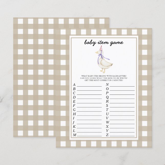 Papier Goose Baby Item Jeu. Jeu baby shower (Devant / Derrière)