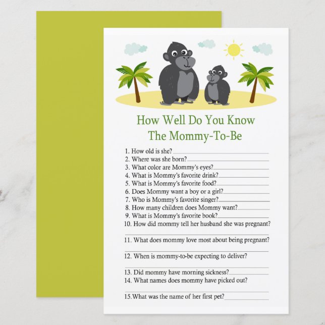 Papier Gorilla Jeu de baby shower pour savoir à quel poin (Devant / Derrière)