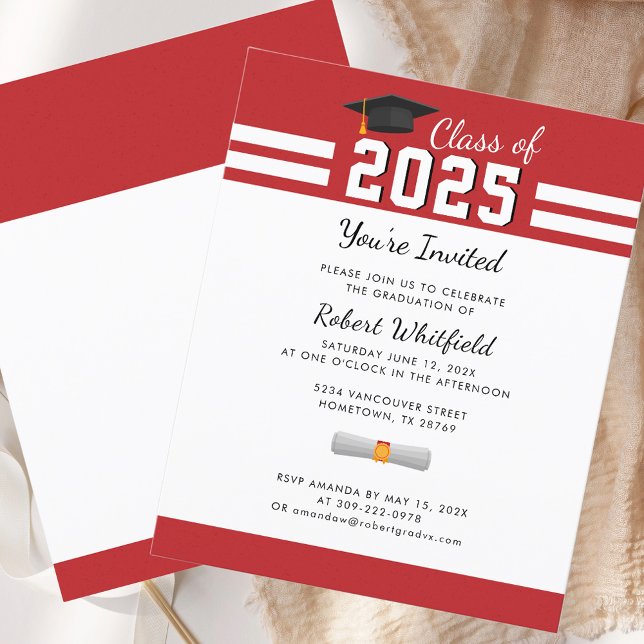 Papier Graduate Party 2025 Red Graduation Invitation (Modern Graduate Party 2025 Red Graduation Invitation)