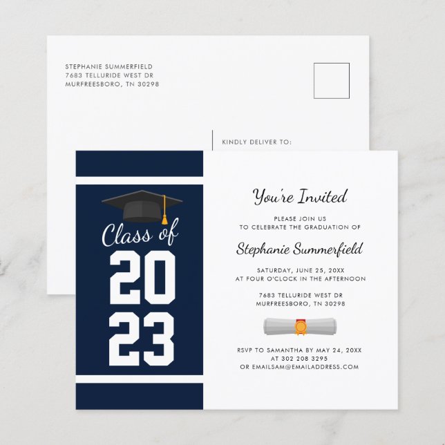 Papier Graduation 2025 Marine Blue Party Invitation (Devant / Derrière)
