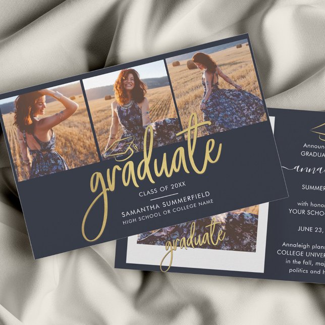 Papier Graduation 2025 Photo Collage Grad Faire-part (Graduation 2024 Gold Foil Script Photo Collage Announcement)