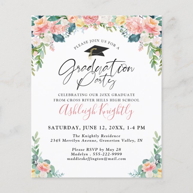 Papier Graduation Budget Élégant Pink Floral Script (Devant)
