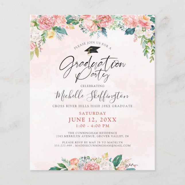 Papier Graduation budgétaire Élégante Floral Script Invit (Devant)