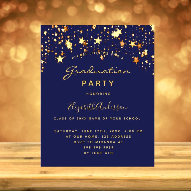Papier Graduation party or bleu étoiles 2025 invitation (Créateur téléchargé)