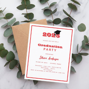 Papier Graduation Party rouge blanc invitation 2025