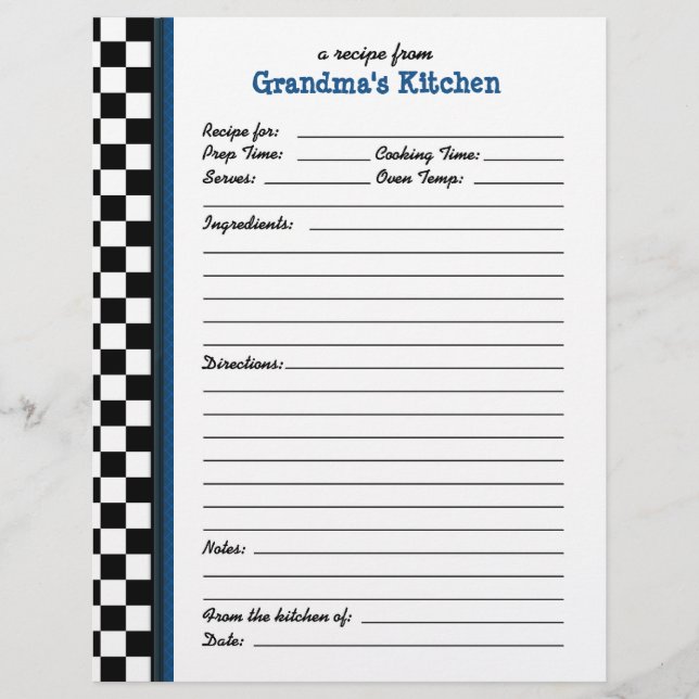 Papier Grandmas Cuisine À damiers Blue Accent Recette (Devant)