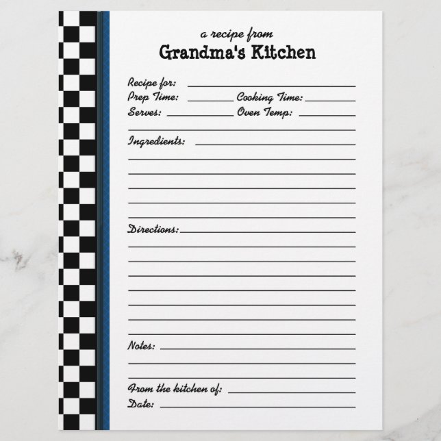 Papier Grandmas Cuisine À damiers Blue Accent Recette (Devant)