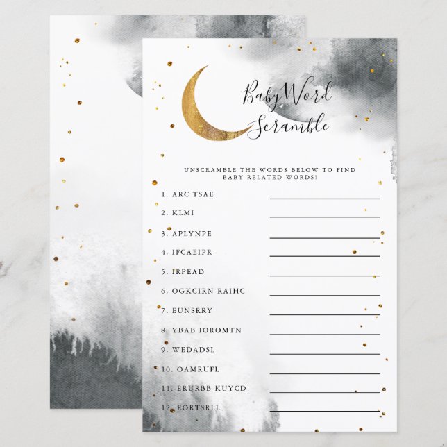 Papier Gray Moon Baby shower Mot Début Jeu (Devant / Derrière)