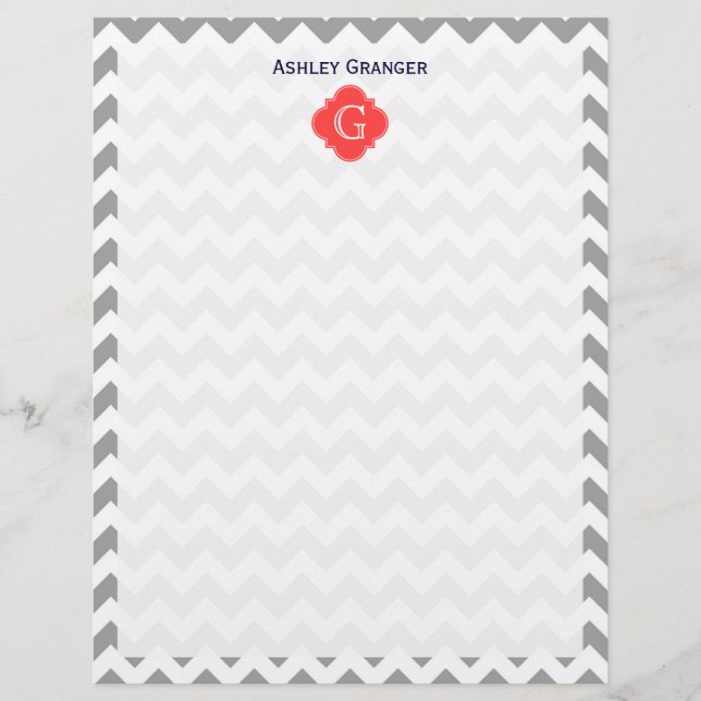 Papier Gray What Chevron Coral Red Quatrefoil Monogramme (Devant)